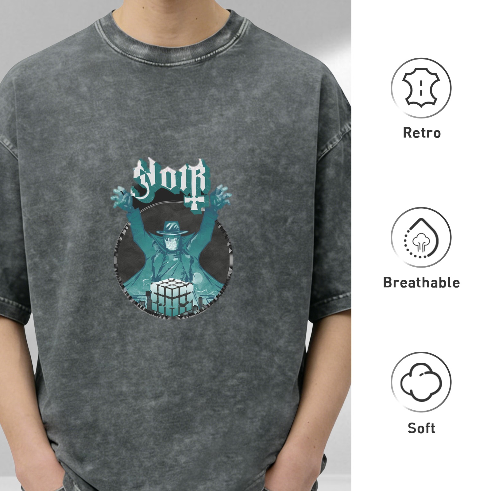 Washed black graphic t-shirt with noir villain and cube design