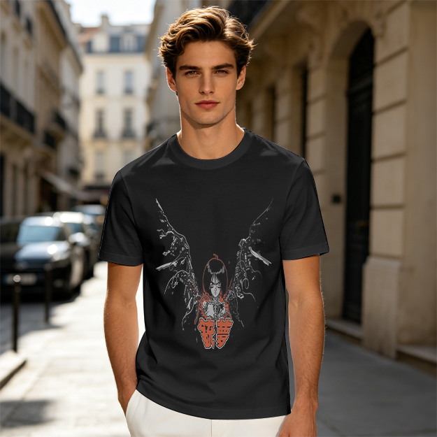 Olive T-shirt with Cybernetic Angel Graphic Print