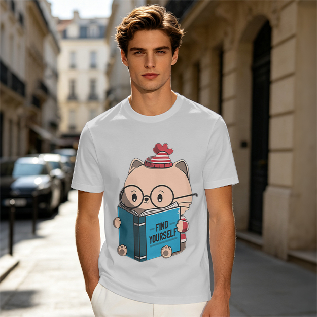 Olive T-shirt with Cute Reading Cat Graphic 'Find Yourself'