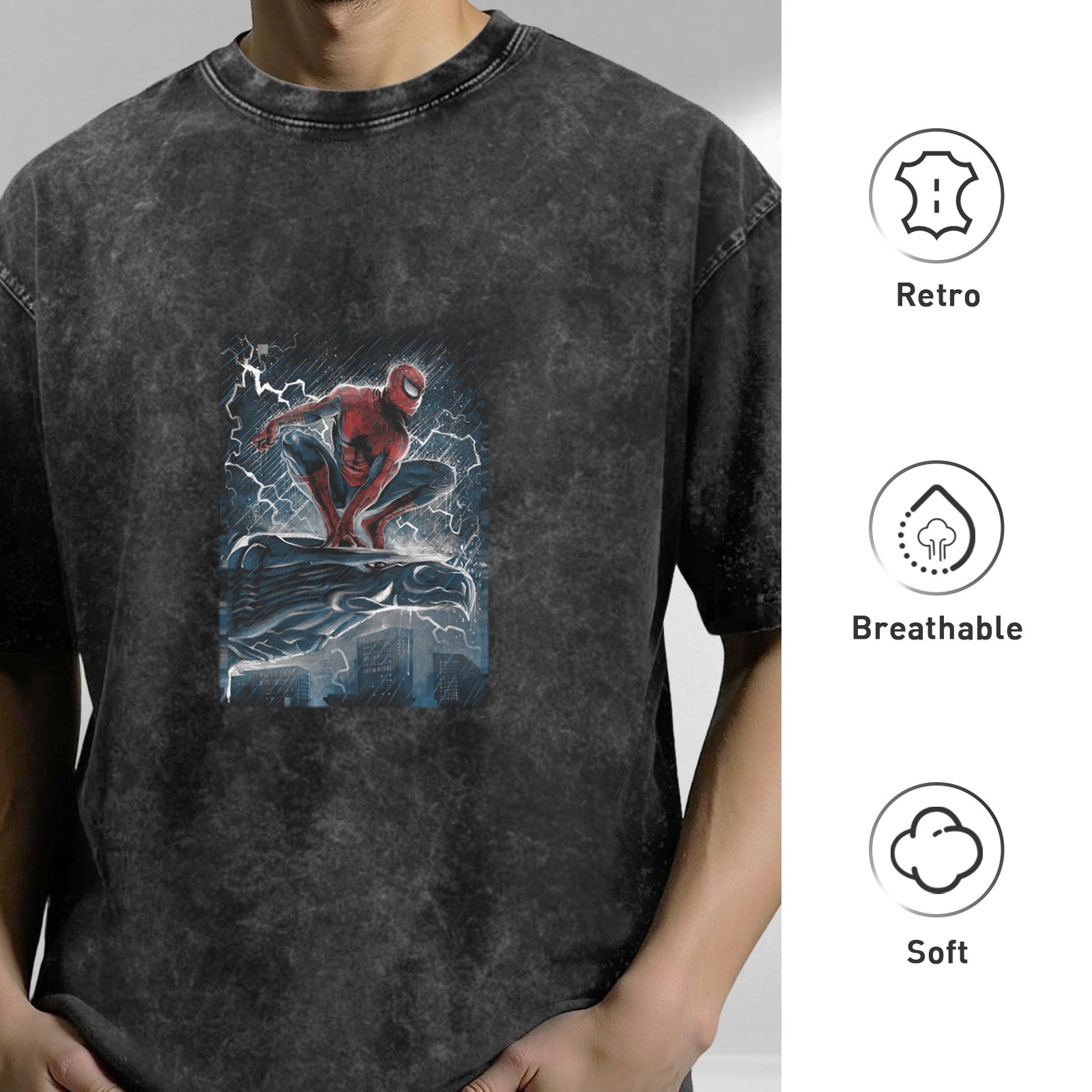 Washed Black Oversized T-Shirt with Spider-Man Storm Graphic