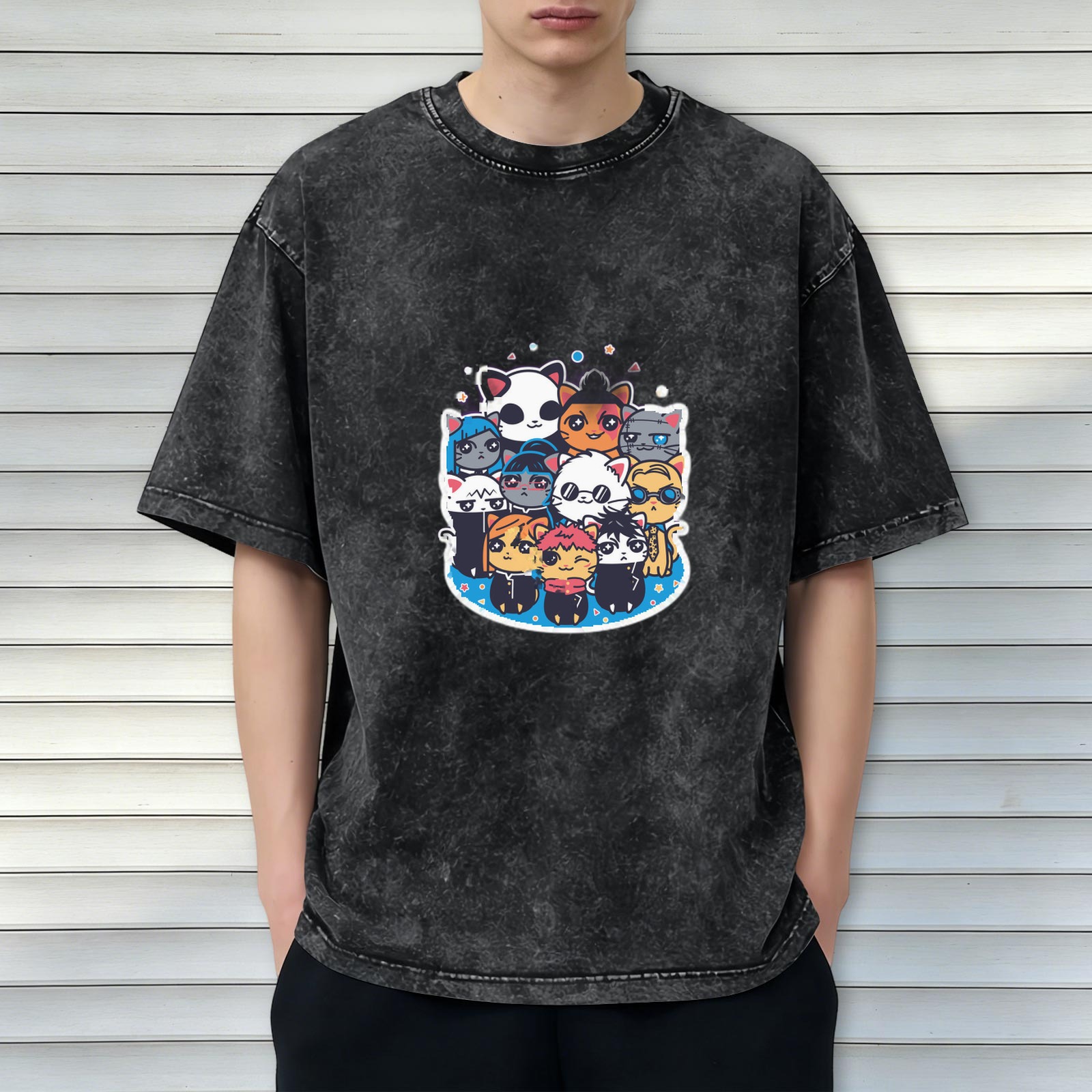 Washed black oversized t-shirt with cute anime cat character group print