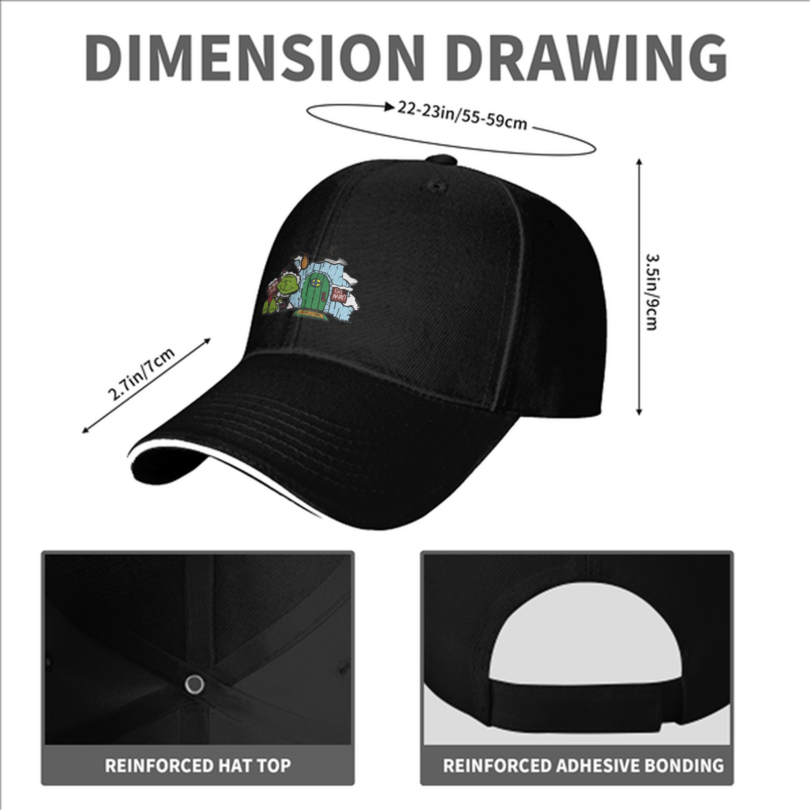 Black baseball cap with Grinch-themed holiday door print