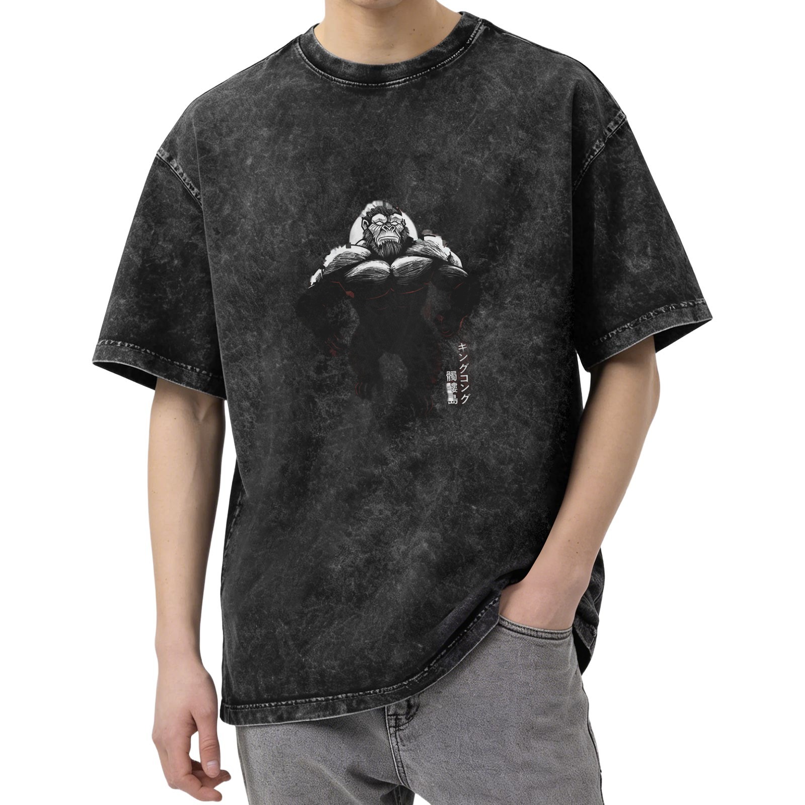 Oversized Stonewashed T-Shirt With Gorilla Japanese Graphic Print