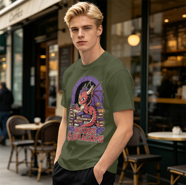 Olive t-shirt with cute red dragon reading books graphic