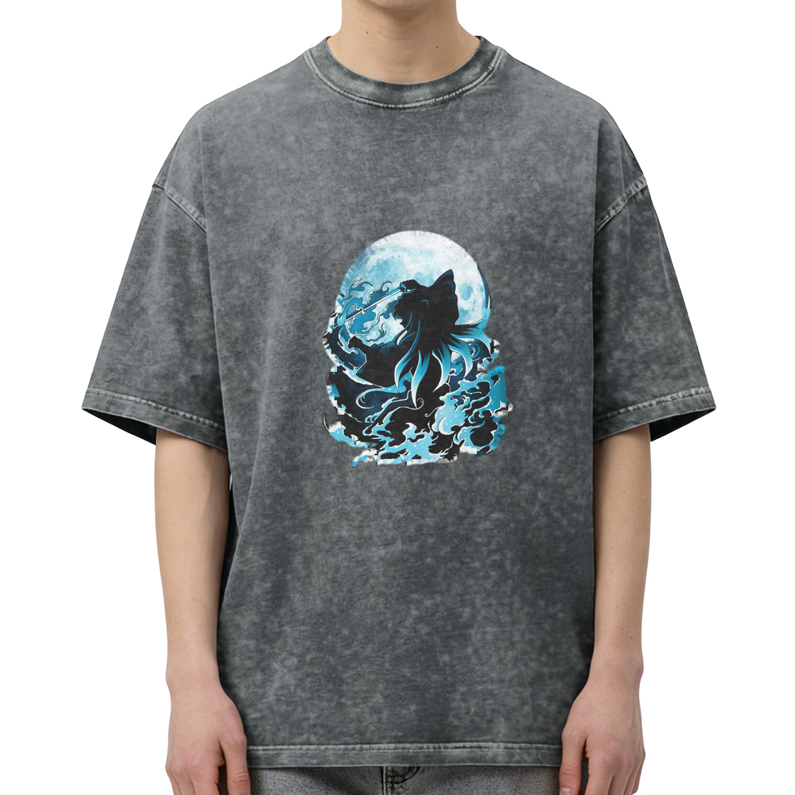 Oversized Acid Wash T-Shirt With Moon Wolf Silhouette Graphic