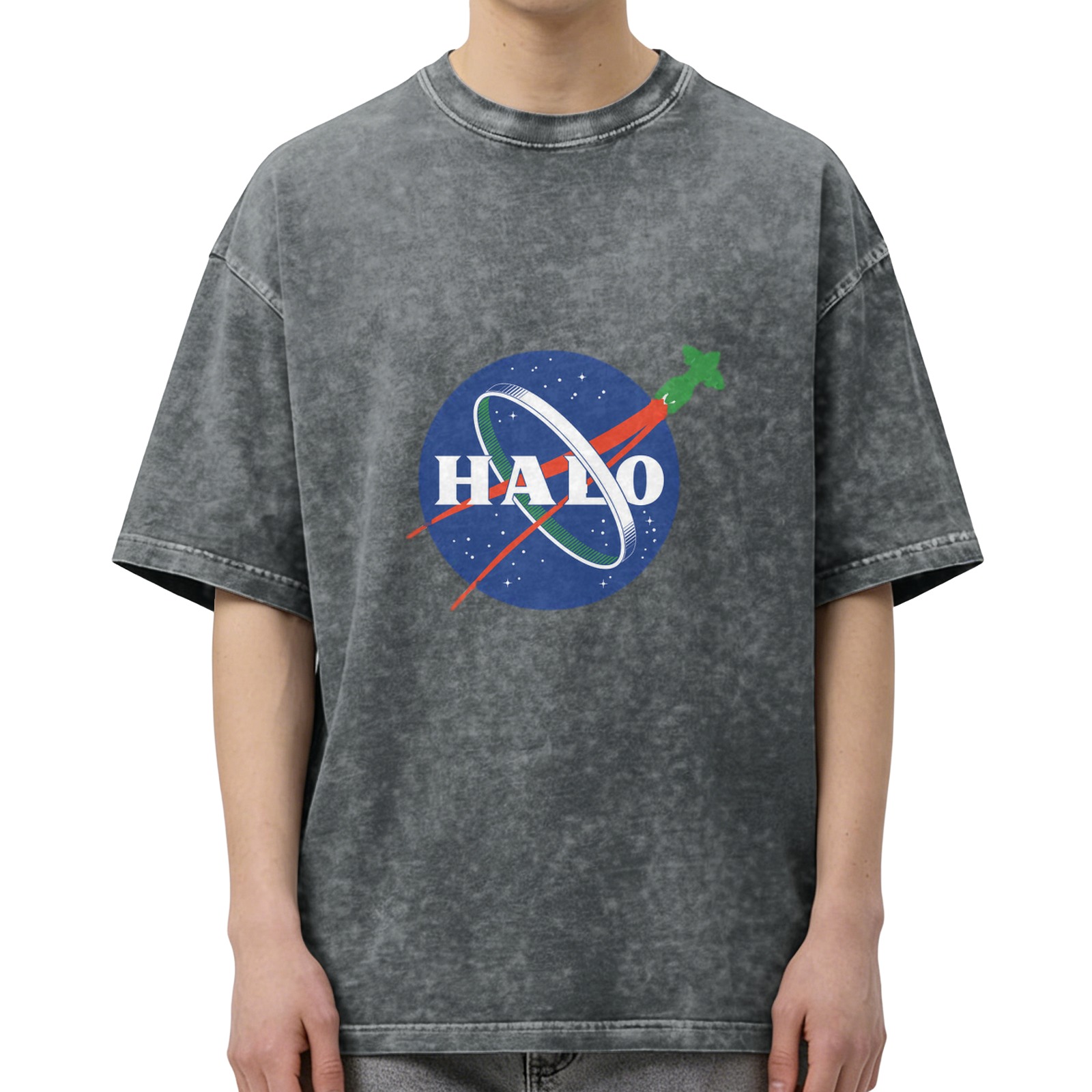 Oversized Acid Wash Black T-Shirt with NASA-style HALO Graphic Print