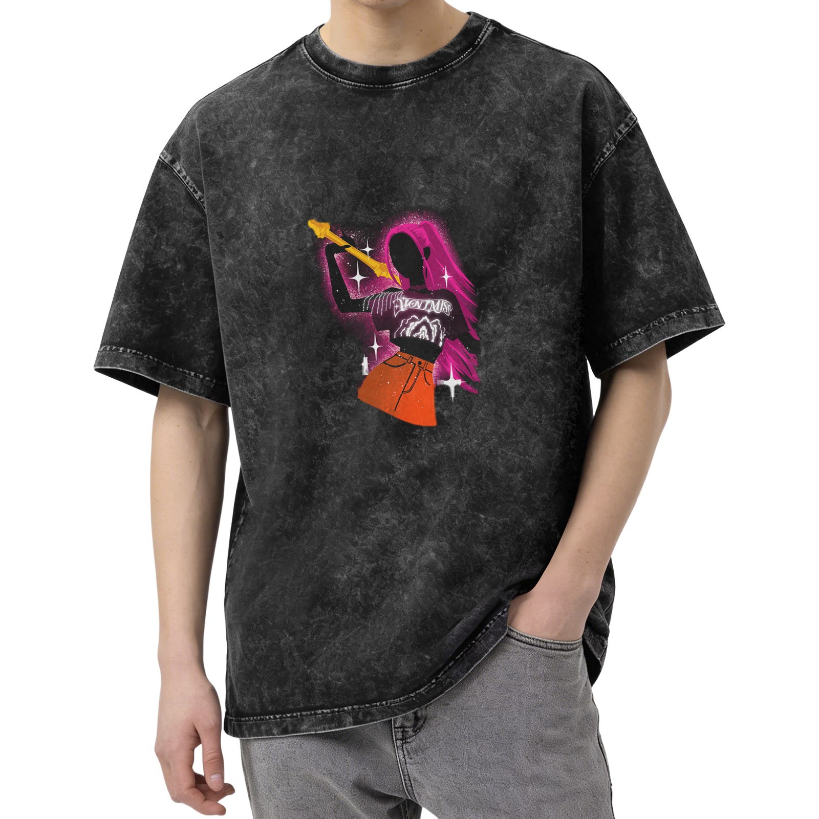 Washed black oversized graphic t-shirt with rock star silhouette print