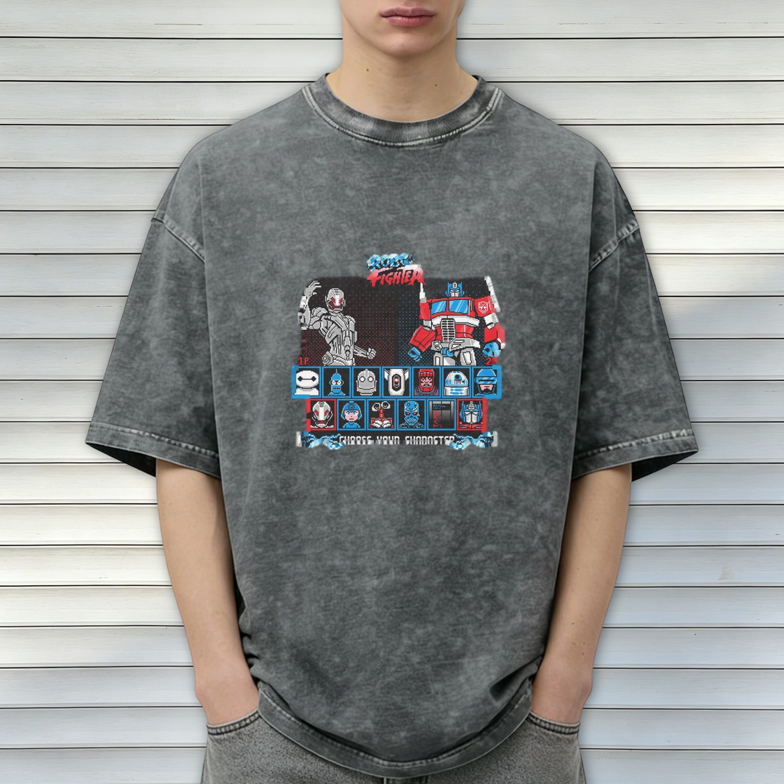 Vintage Washed Black T-Shirt with Robot Fighter Character Select Graphic Design