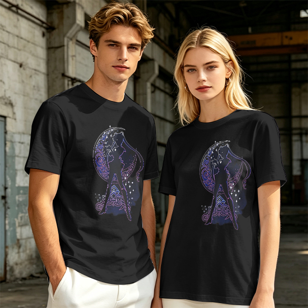 Olive T-Shirt With Celestial Moon Girl Silhouette Graphic