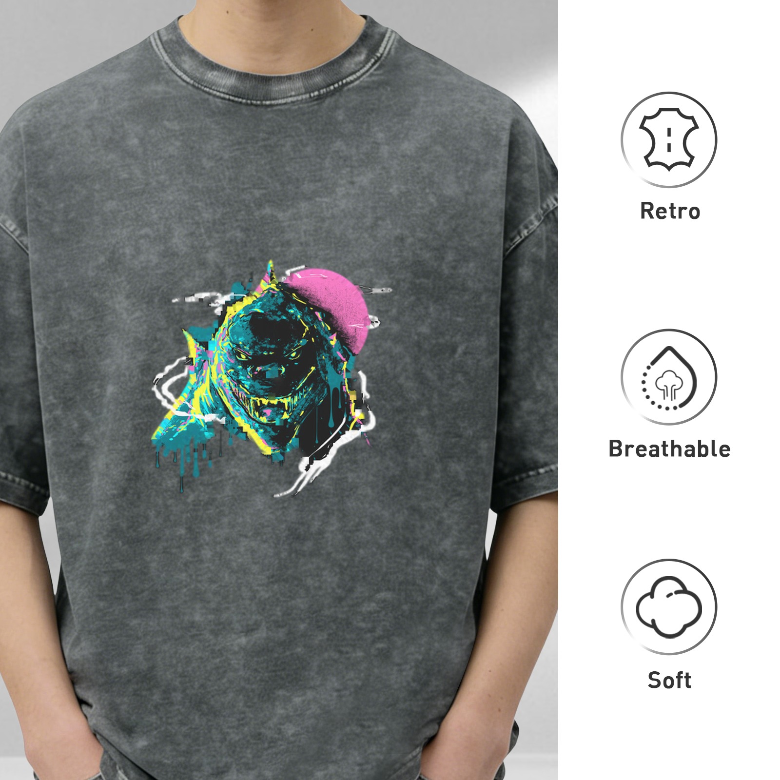 Oversized Acid Wash T-Shirt With Neon Monster Graphic Print