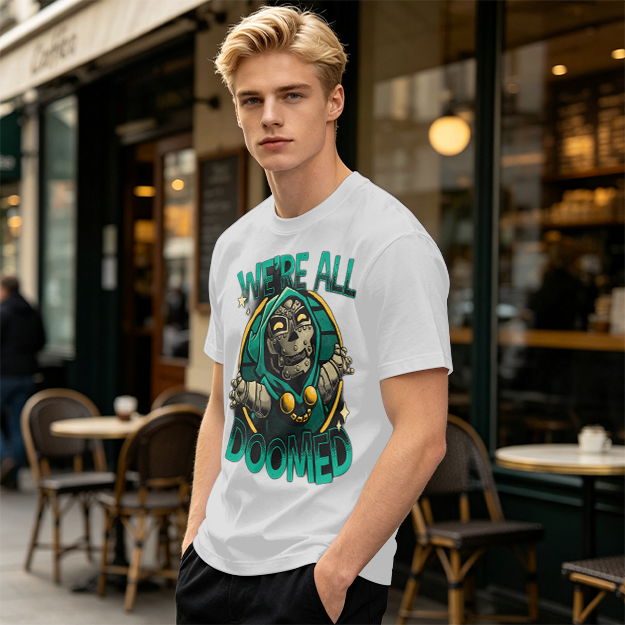 Olive T-Shirt Featuring 'We're All Doomed' Doom Character Art
