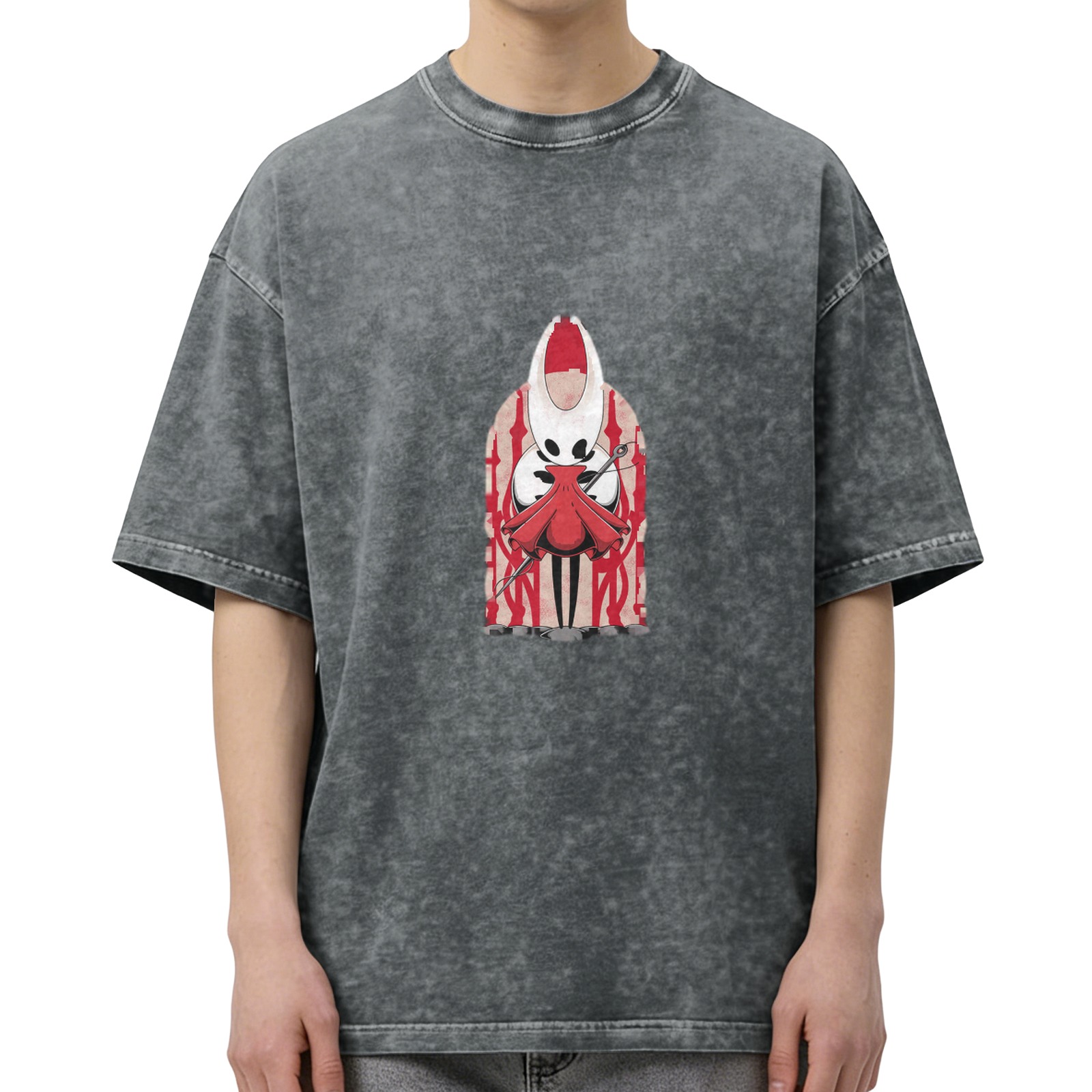 Hollow Knight themed distressed washed black loose short-sleeved T-shirt