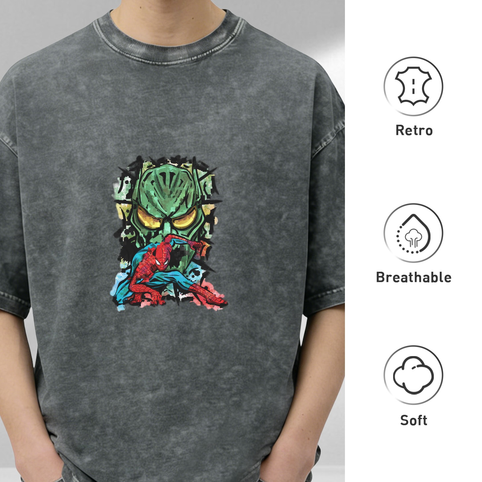 Oversized Acid Wash T-Shirt with Spider-Man vs Green Goblin Art