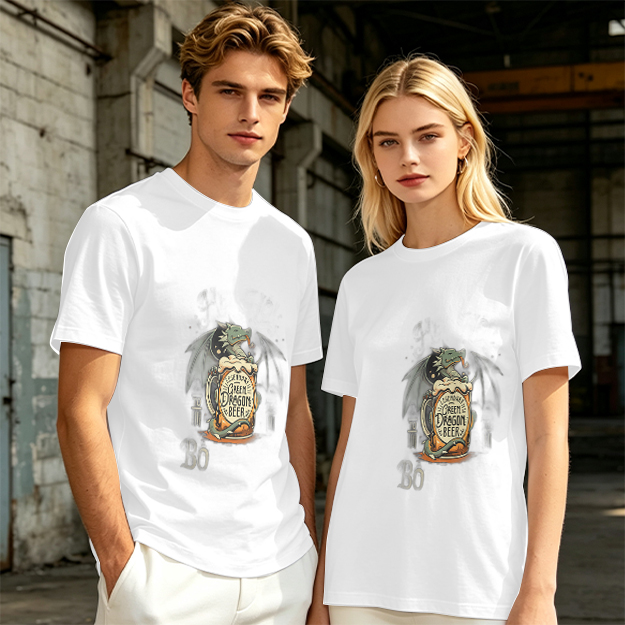 Olive Green T-Shirt with Dragon Beer Mug Graphic Print