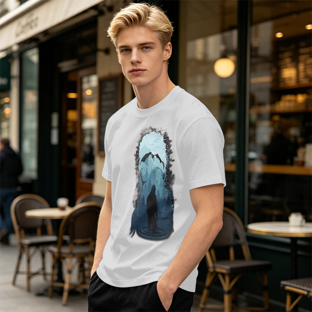 Olive T-Shirt With Dark Fantasy Silhouette And Dragon Print