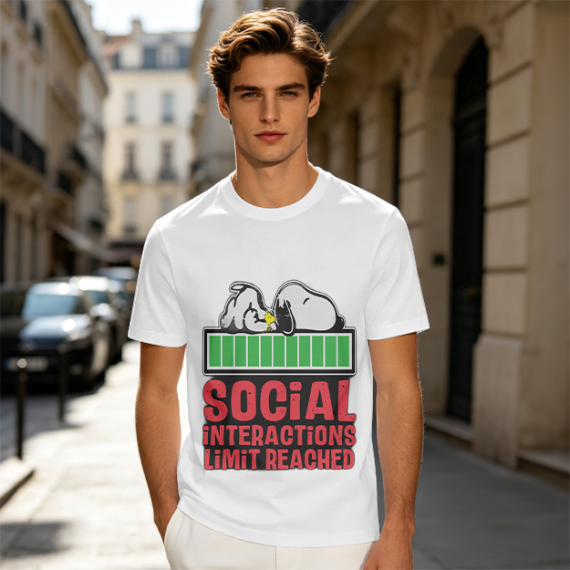 Olive t-shirt with Snoopy 'Social Interactions Limit Reached' print