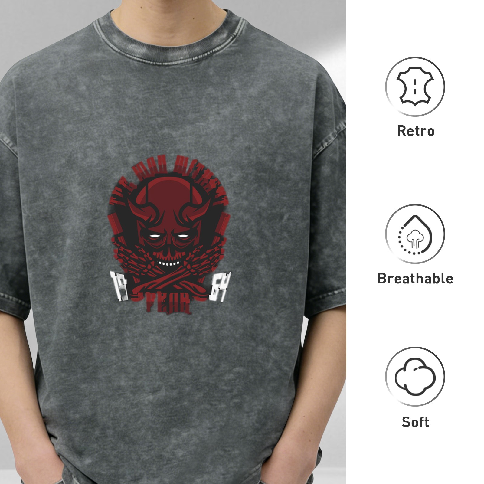 Oversized Acid Wash T-Shirt With Red Demon Skull Graphic