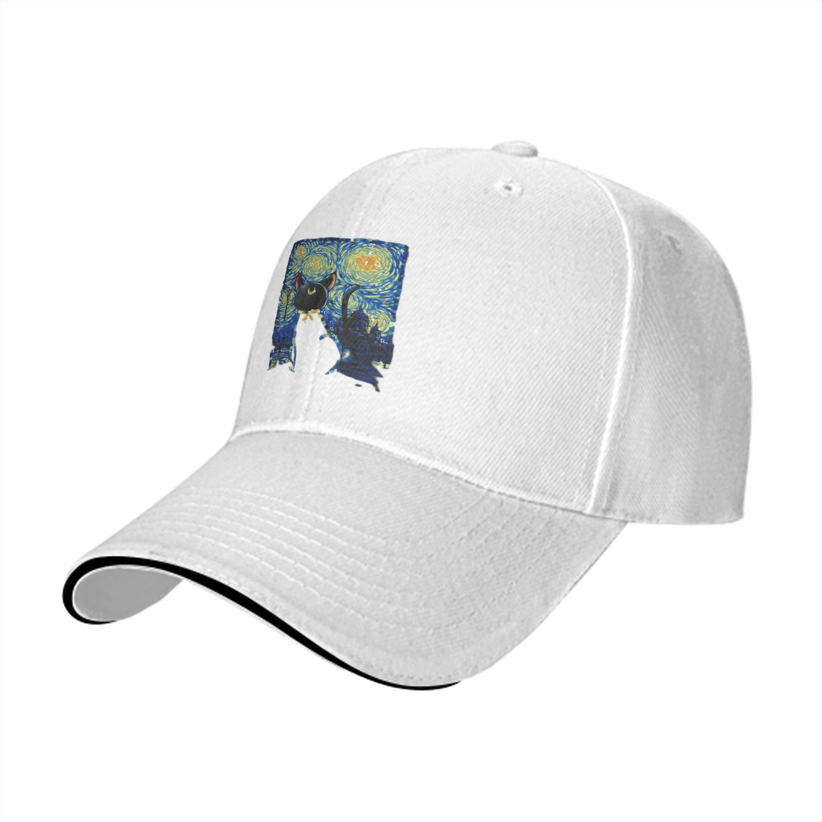 Black Baseball Cap With Starry Night Cat Art Print
