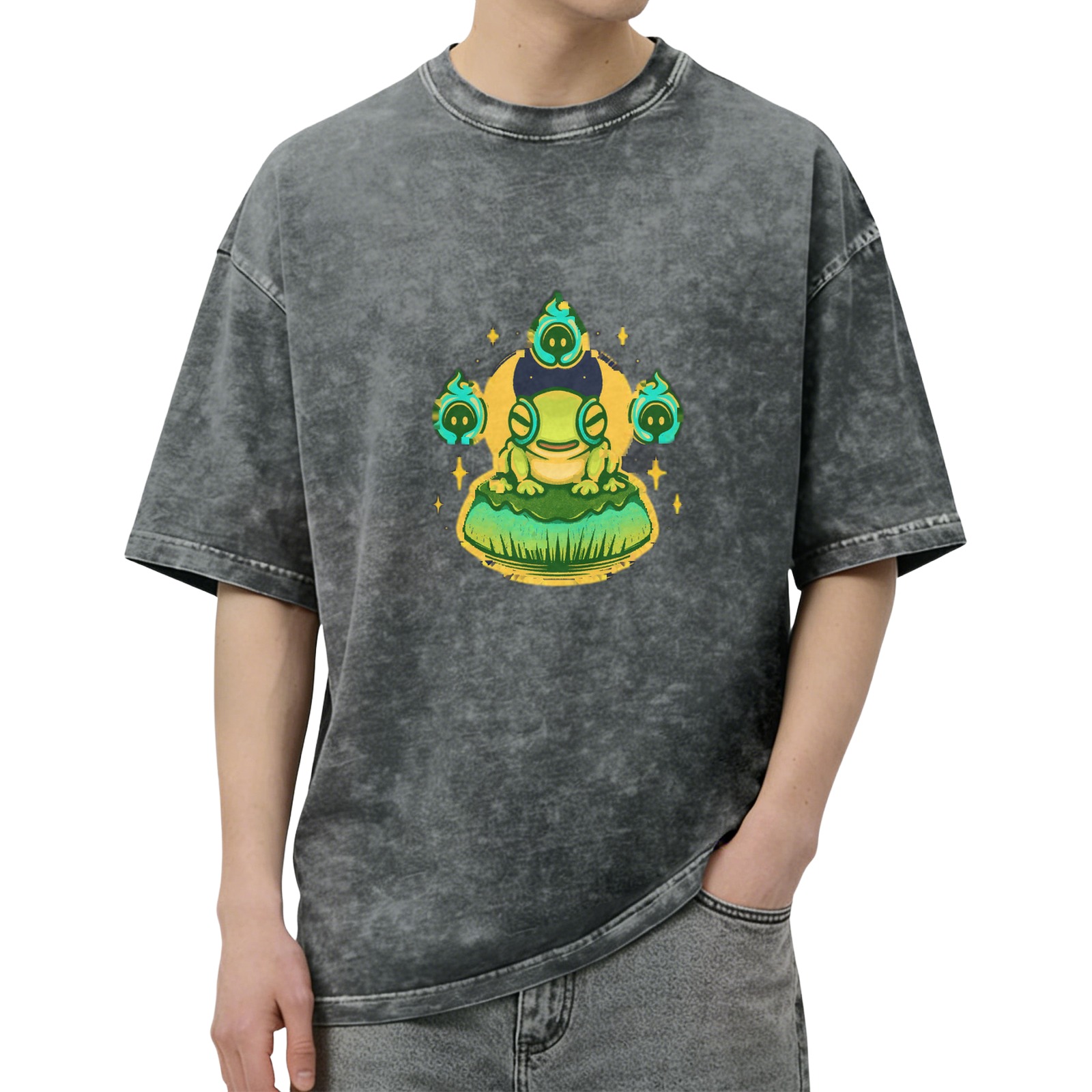 Oversized Acid Wash T-Shirt with Cute Frog and Ghost Flames Graphic