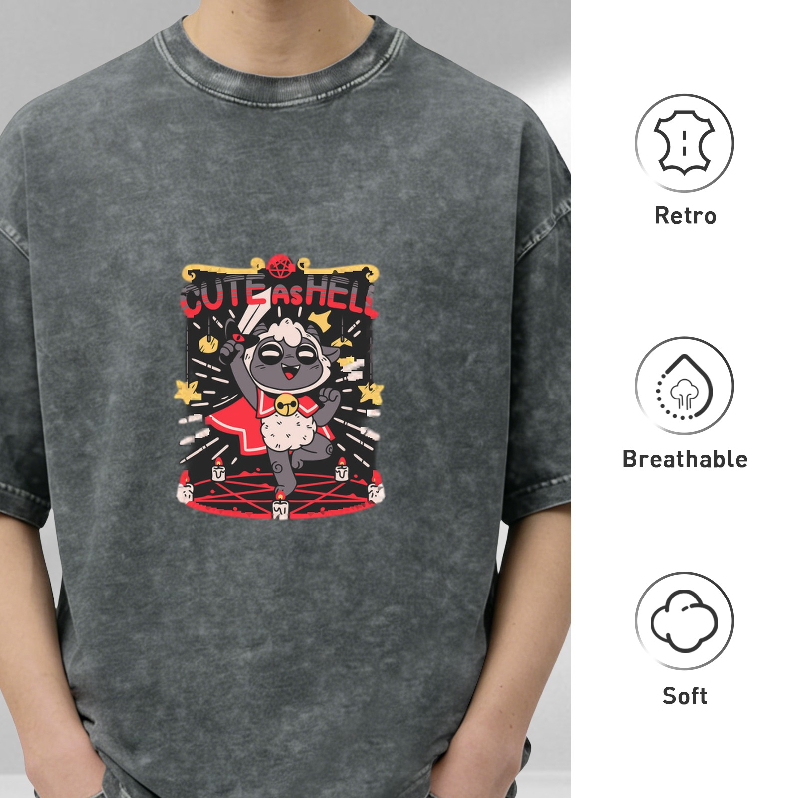 Washed black graphic t-shirt with cute hellish sheep design