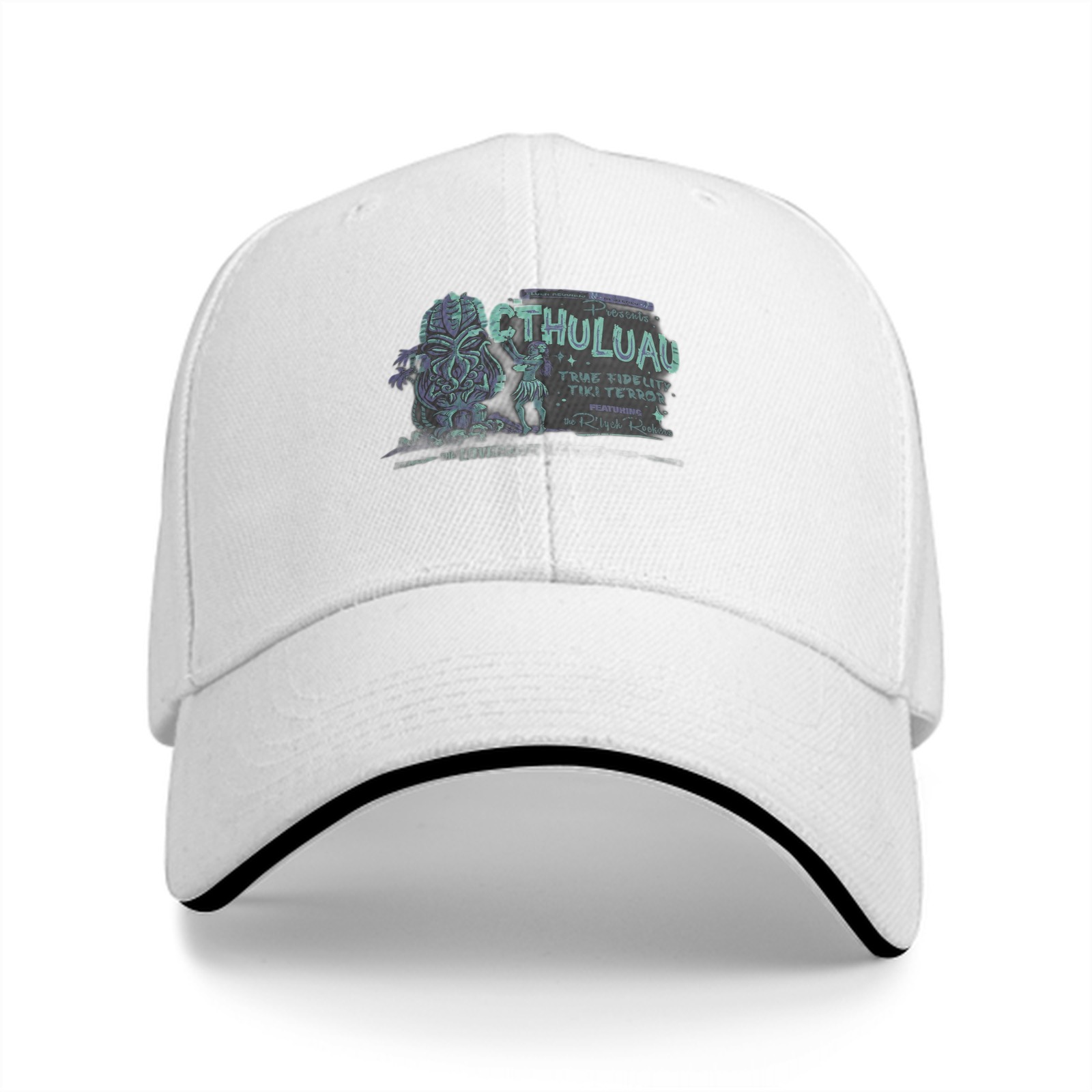 Black baseball cap with Cthuluau tiki monster graphic print
