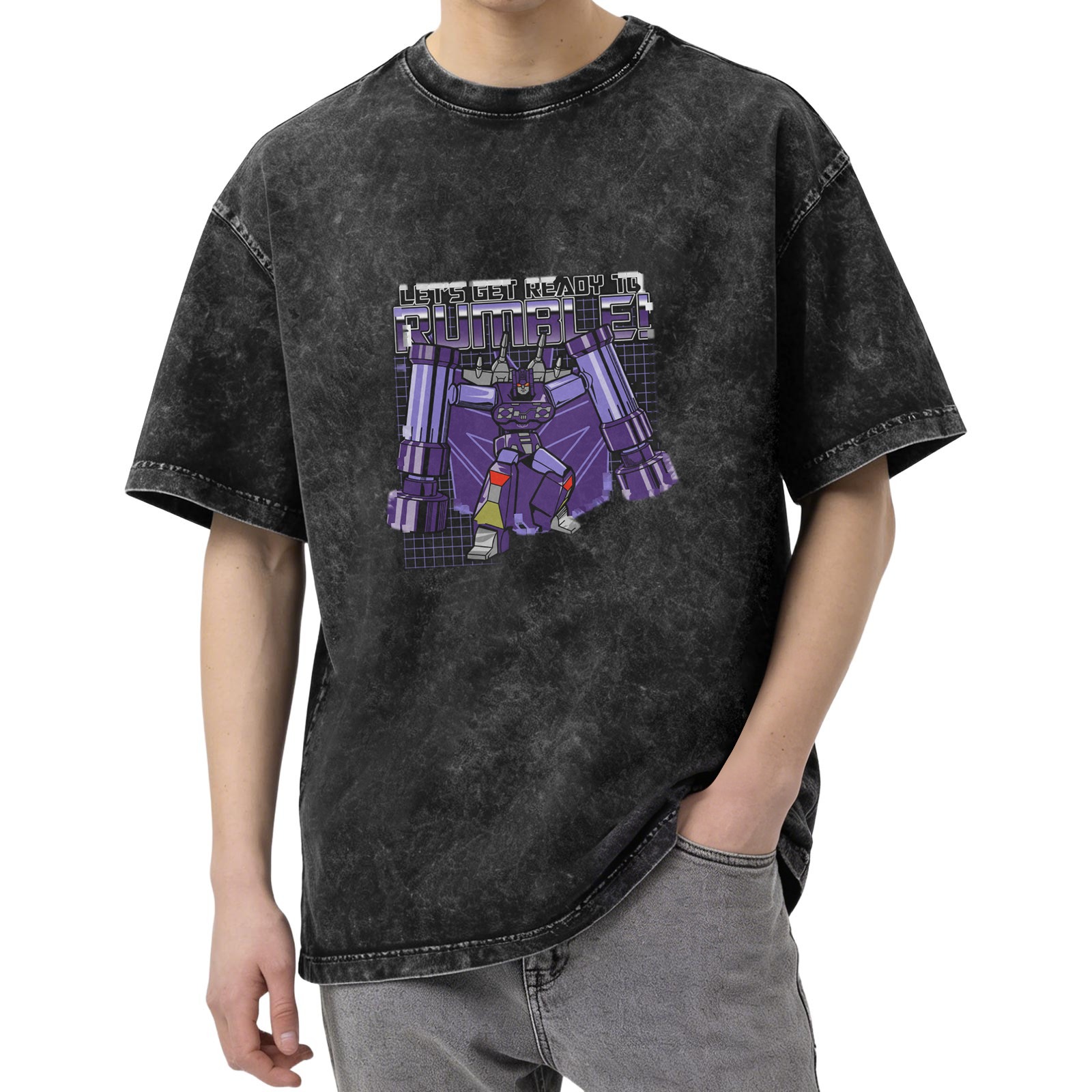 Oversized dark wash graphic t-shirt with Transformers Rumble design