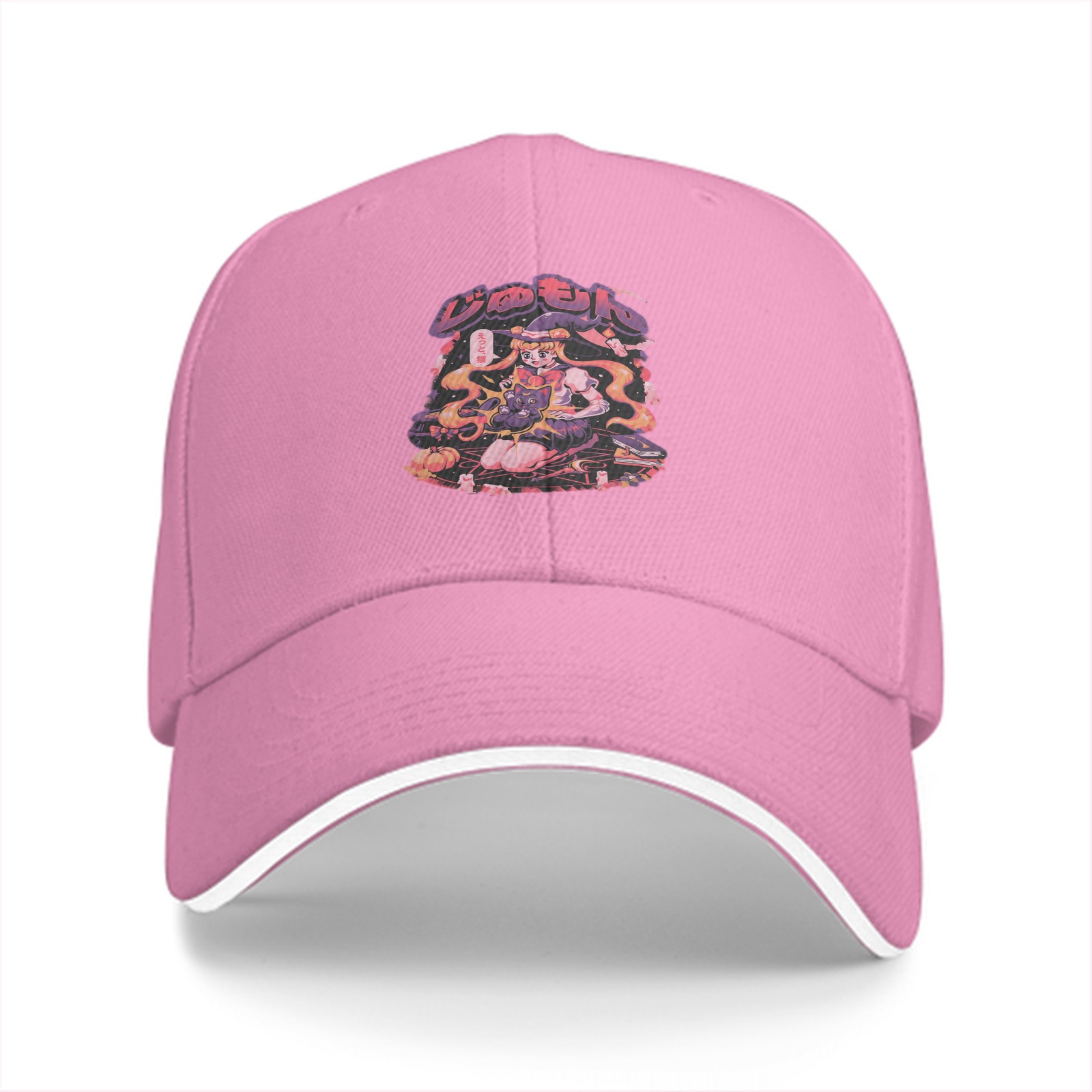 Black baseball cap with anime witch graphic print