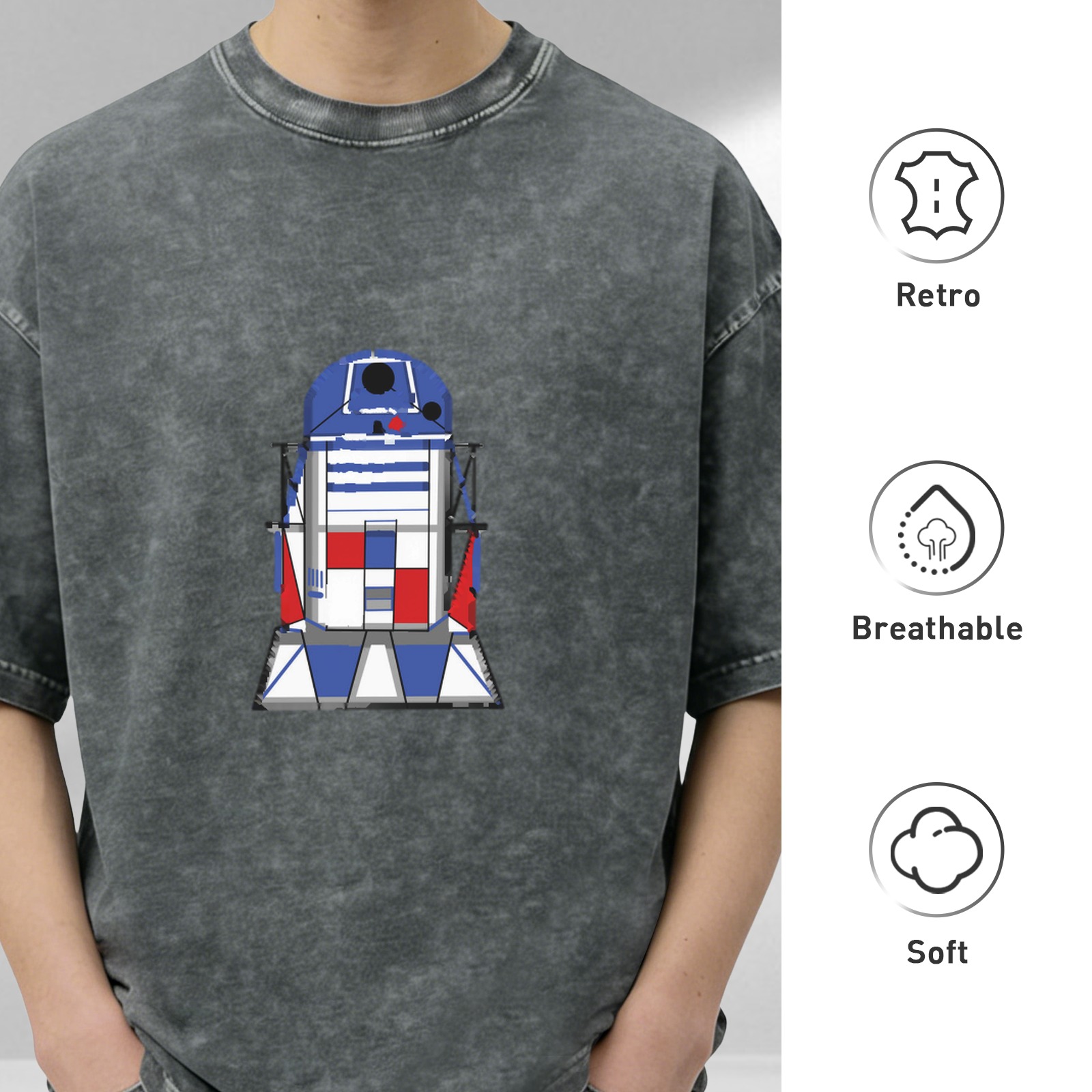 Washed Black T-Shirt with R2-D2 Graphic Print