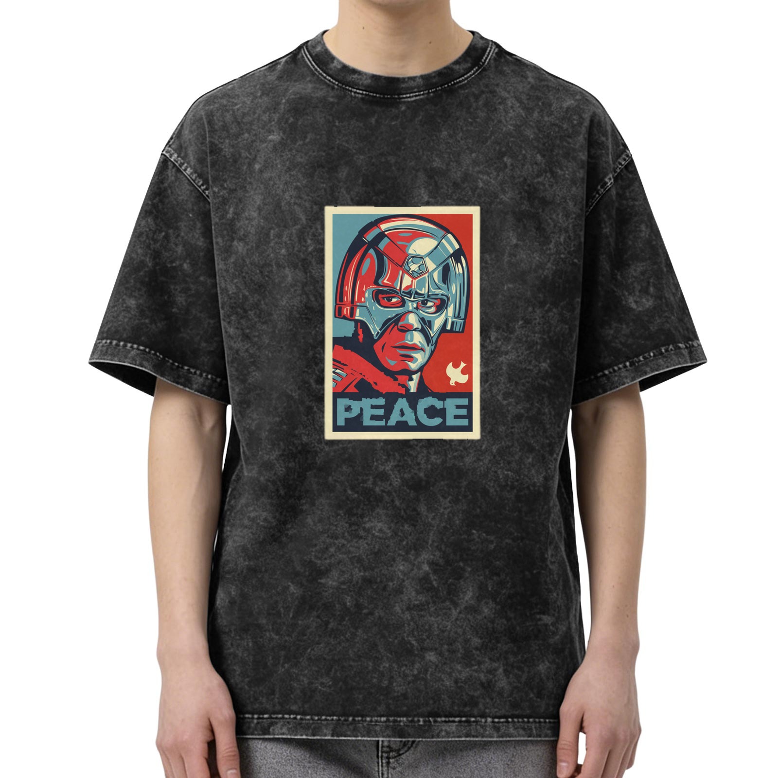 Distressed washed black short-sleeved T-shirt Peacemaker themed print Loose casual top