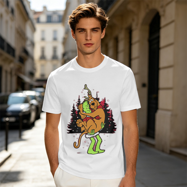 Olive Christmas T-Shirt Featuring Scooby-Doo Hugging The Grinch