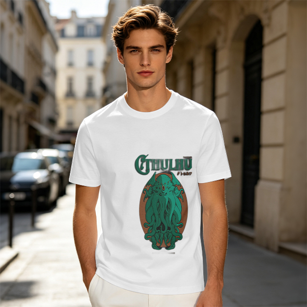 Olive Green Cthulhu Graphic T-Shirt with Mythos Monster Art