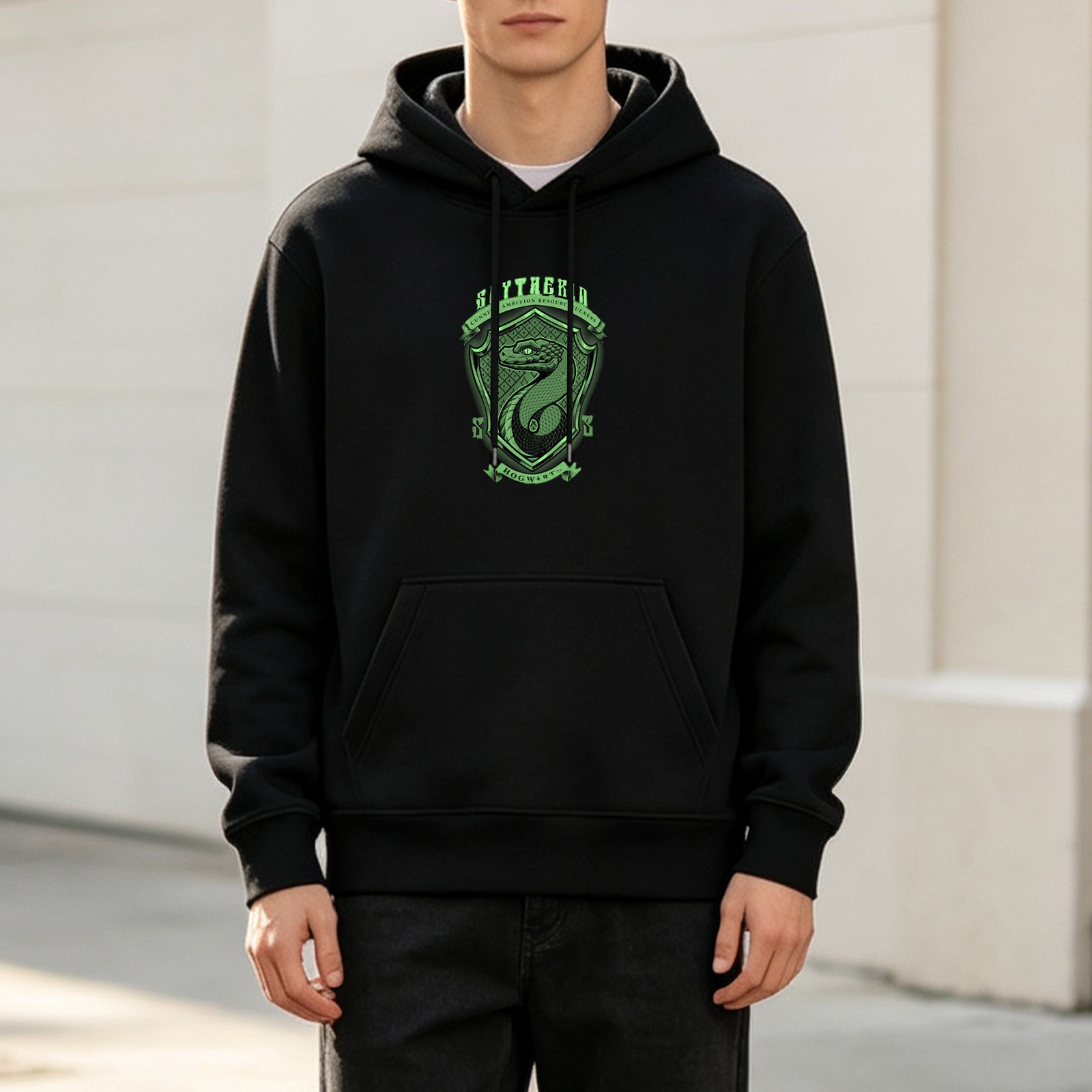 Black hoodie with Slytherin house crest graphic