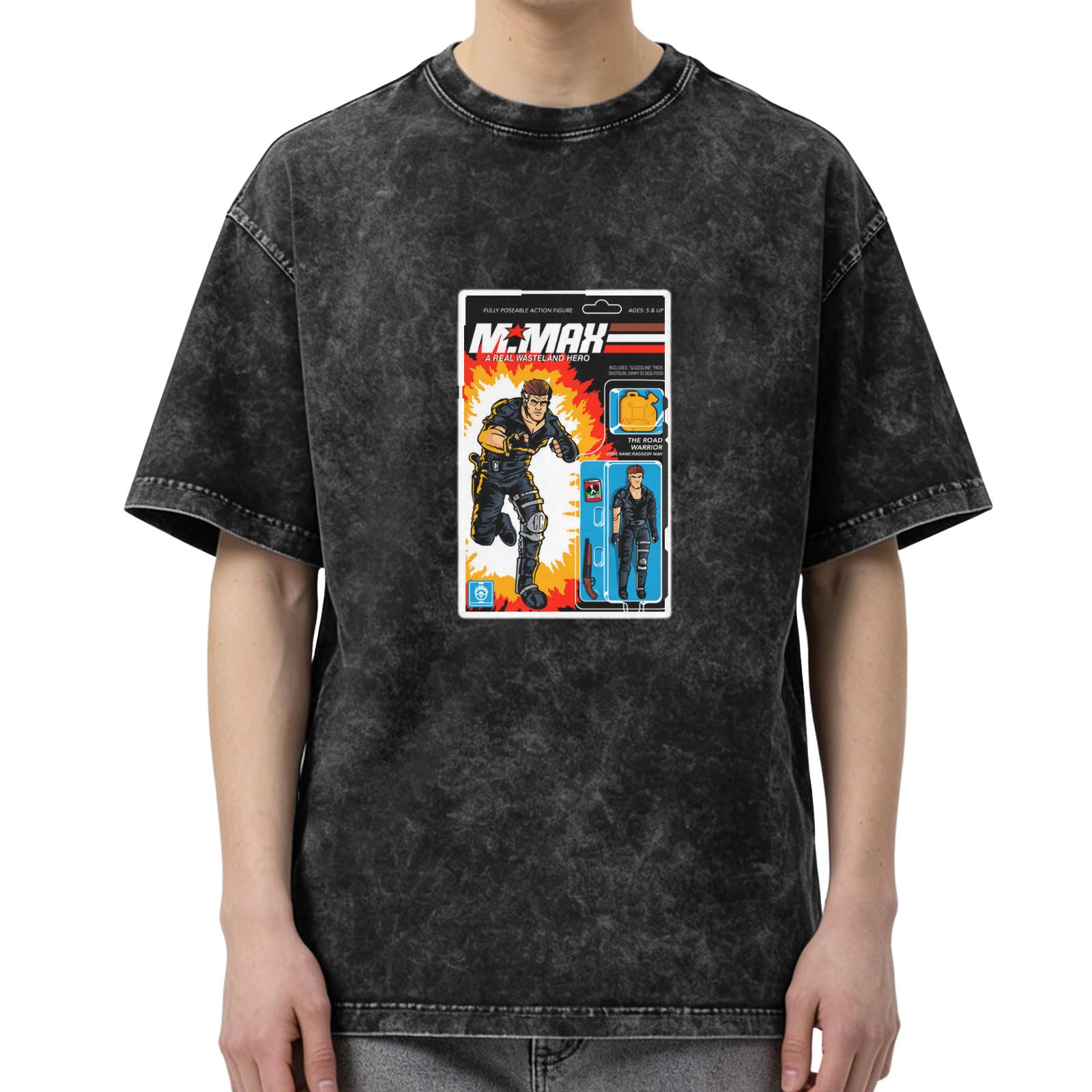 Washed Black T-Shirt with Retro Mr. Max Action Figure Graphic