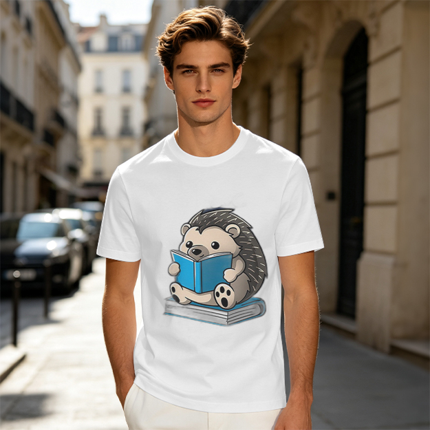 Olive T-shirt with Cute Hedgehog Reading a Book Graphic