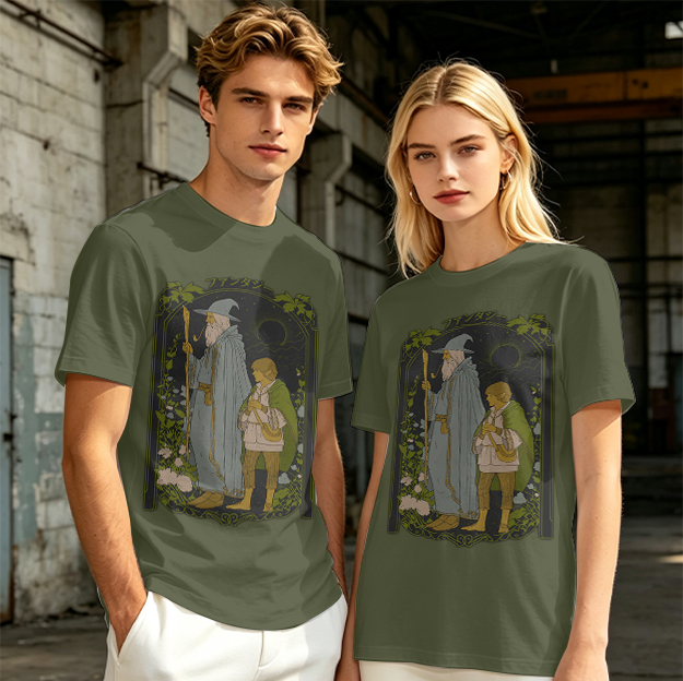 Olive T-Shirt with Wizard and Hobbit Fantasy Art Print