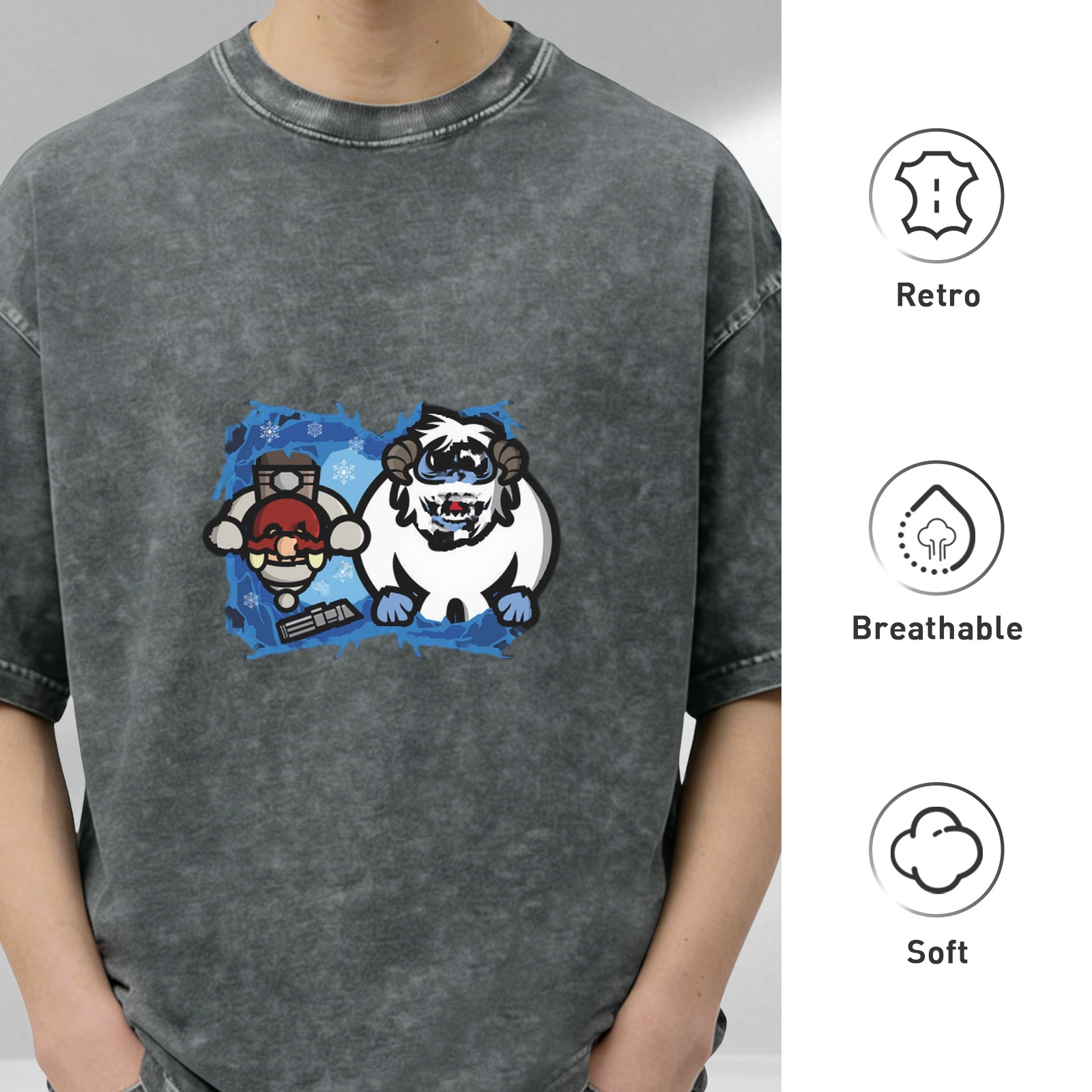 Washed Black T-Shirt with Cartoon Yeti and Winter Character Graphic