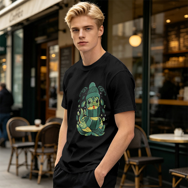 Olive Green T-Shirt With Cute Cartoon Snake Graphic