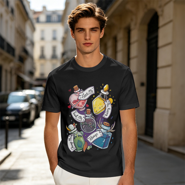 Olive T-Shirt With Magical Potion Bottles Graphic Design