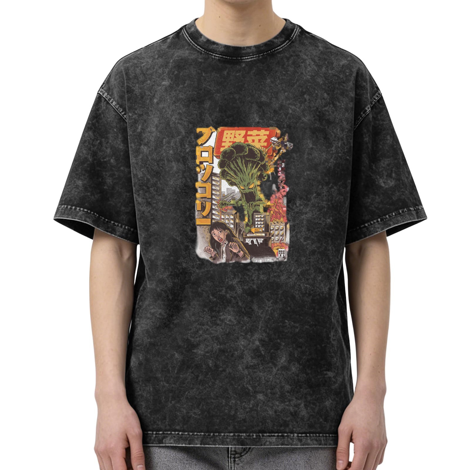 Oversized Acid Wash T-Shirt With Kaiju Broccoli Monster Graphic