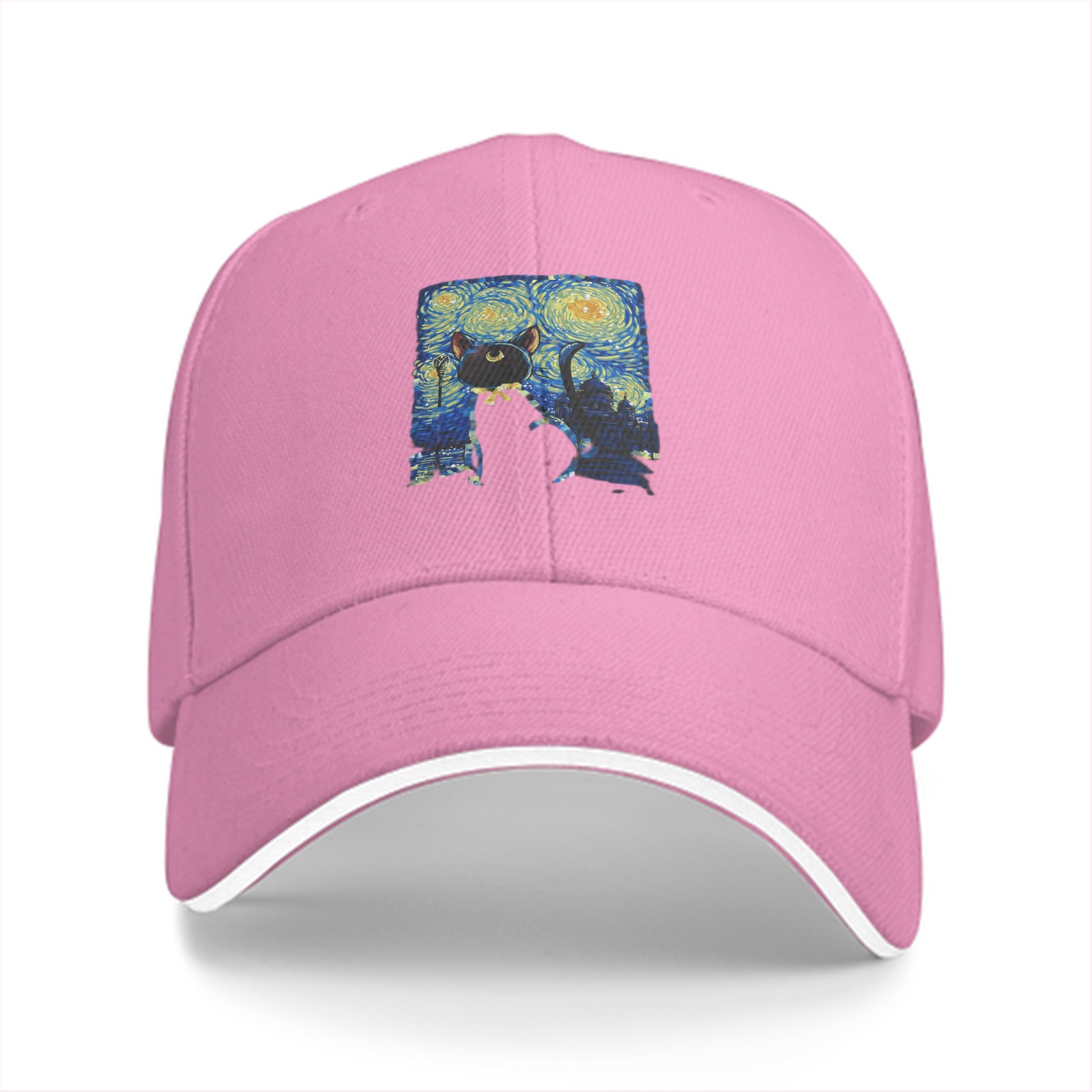 Black Baseball Cap With Starry Night Cat Art Print