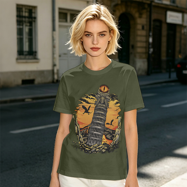 Ominous tower with eye and flying creatures graphic t-shirt