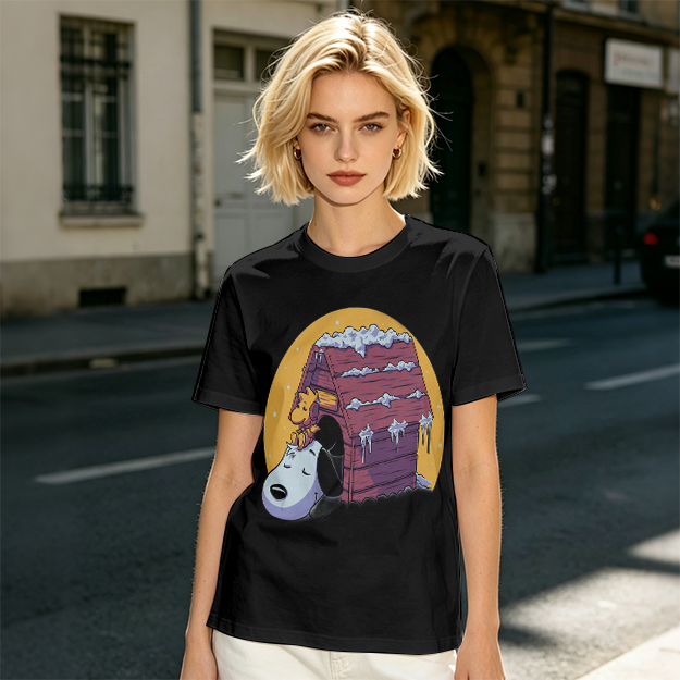 Olive T-shirt with Snoopy and Woodstock at snow-covered doghouse