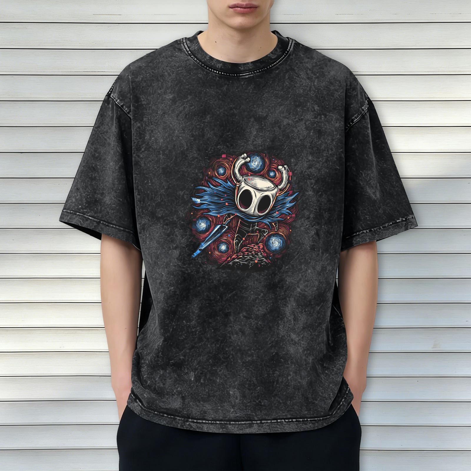 Oversized Dark Wash T-Shirt With Hollow Knight Artwork Print