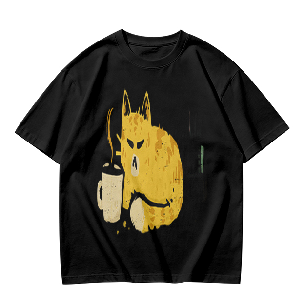 Olive T-Shirt With Grumpy Cat Holding Hot Coffee Print
