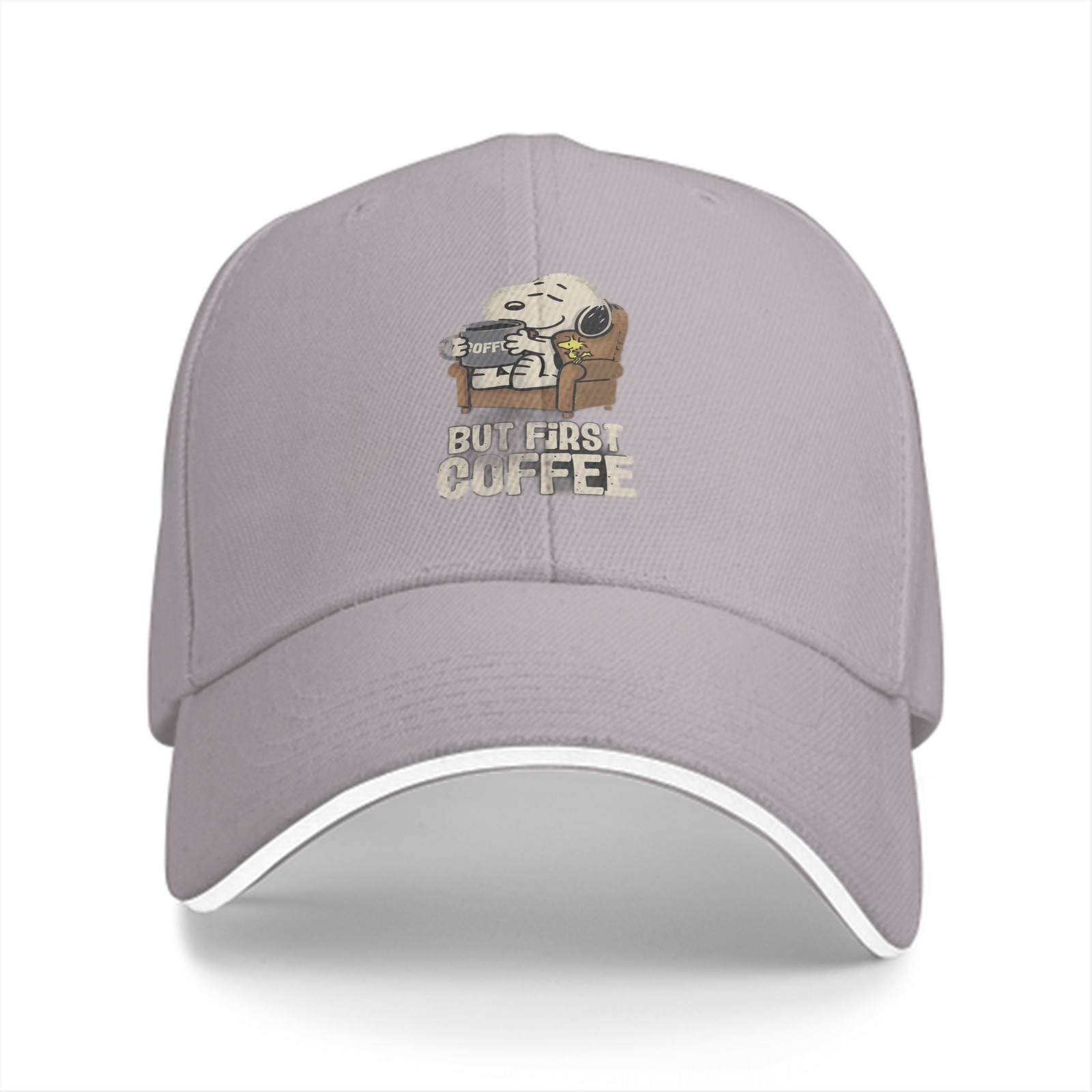 Black baseball cap with Snoopy 'But First Coffee' graphic