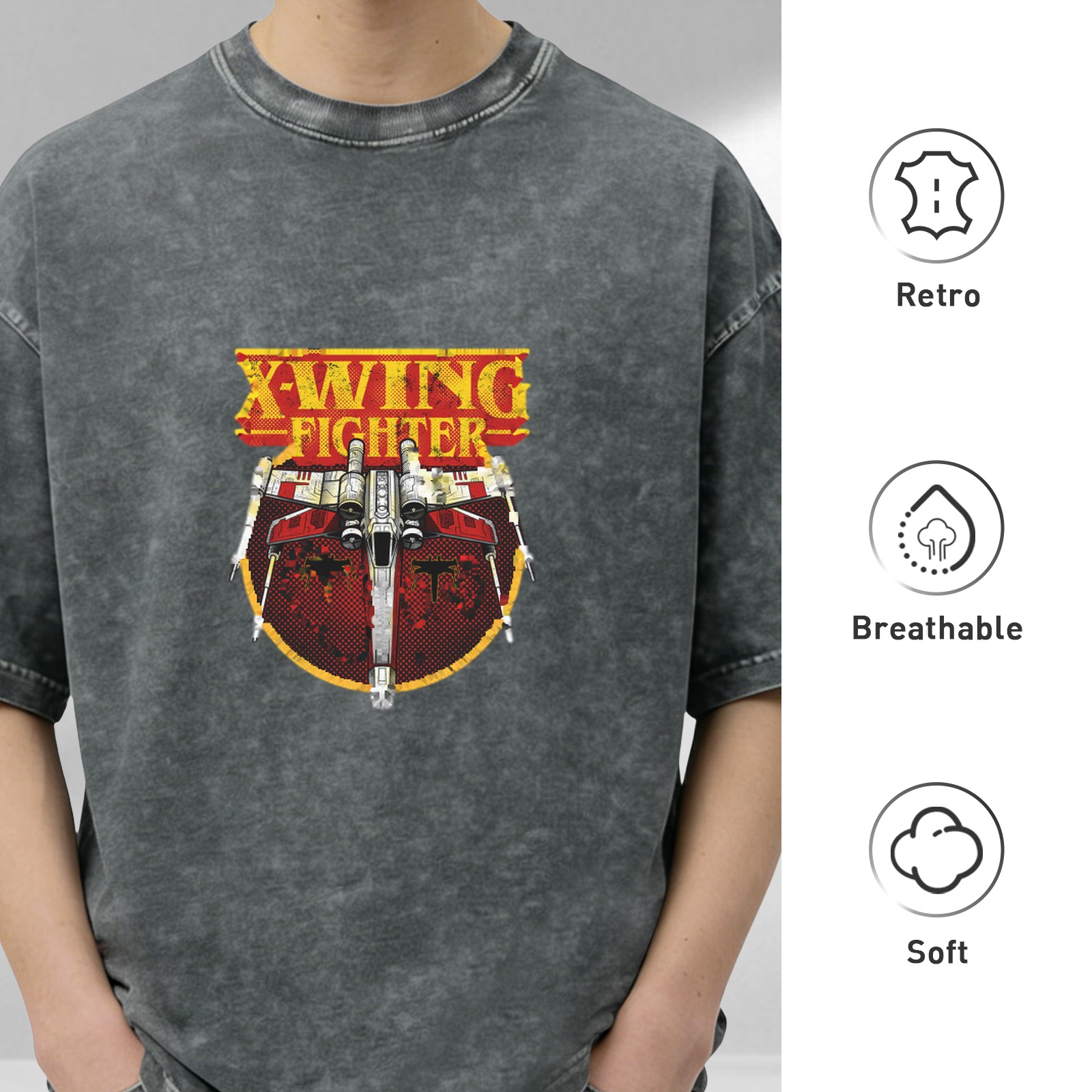 Oversized Dark Wash T-Shirt with X-Wing Fighter Graphic