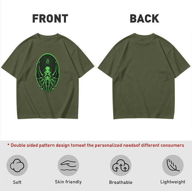Olive Green T-Shirt With Glowing Green Cthulhu Graphic Print
