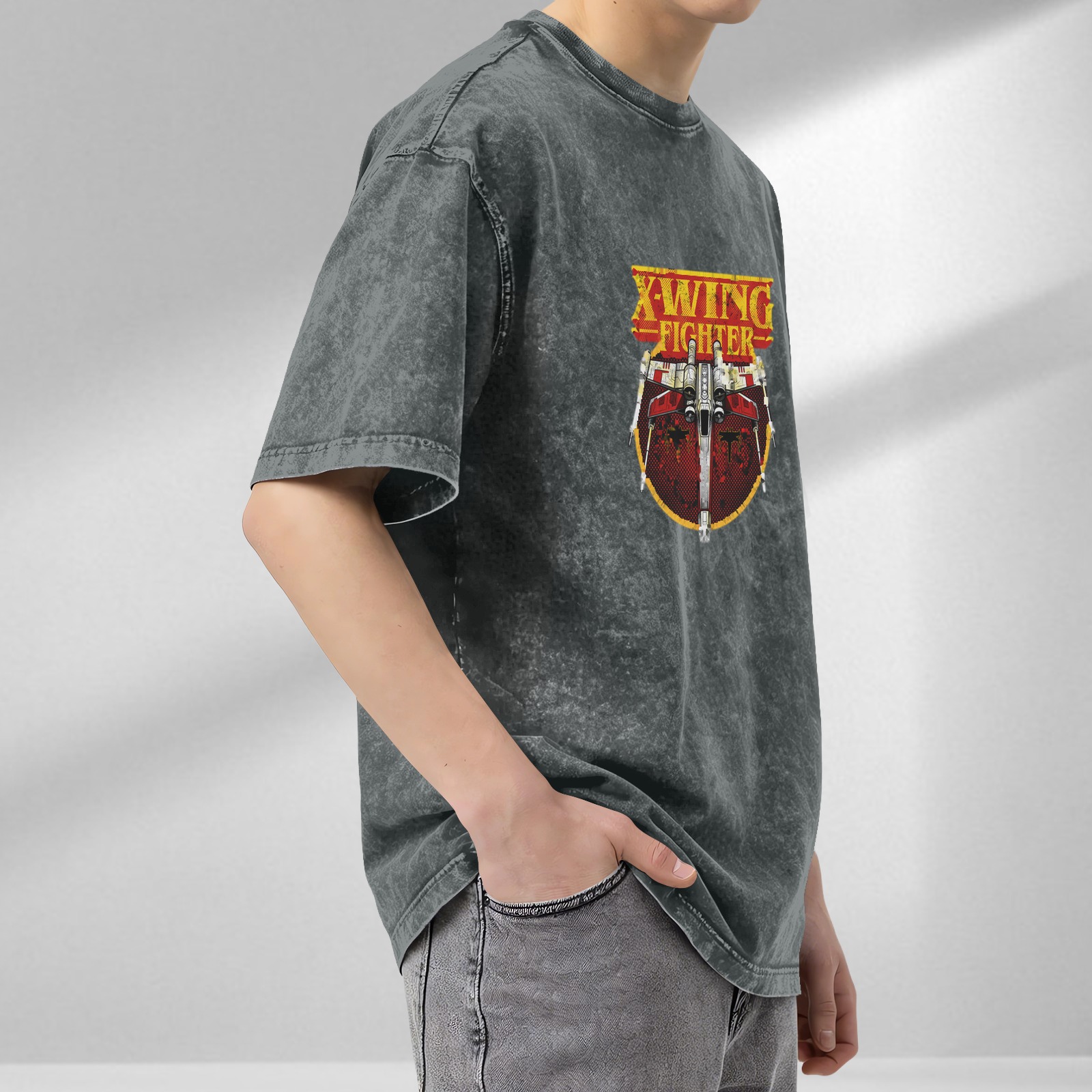 Oversized Dark Wash T-Shirt with X-Wing Fighter Graphic