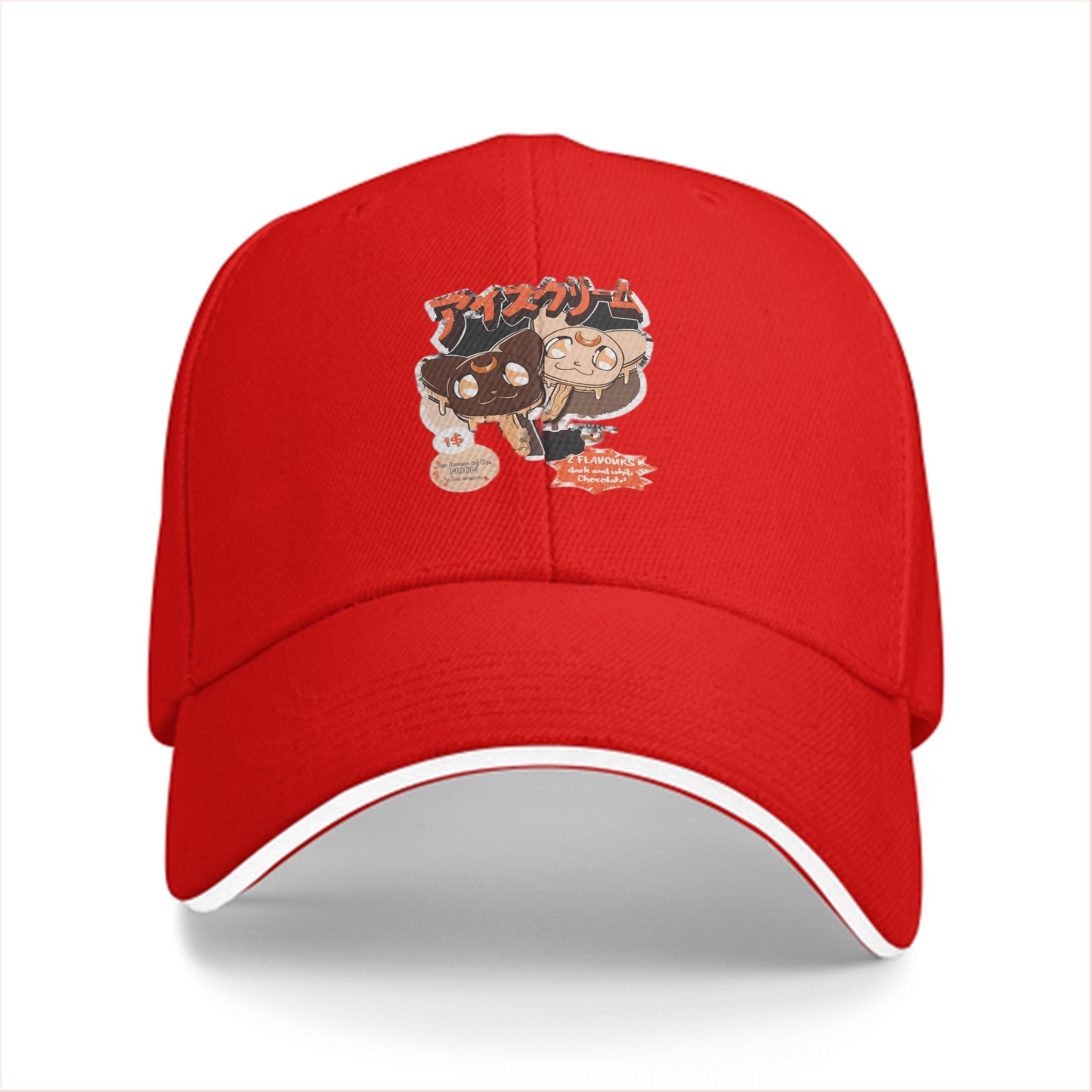 Black baseball cap with chocolate cat ice cream graphic