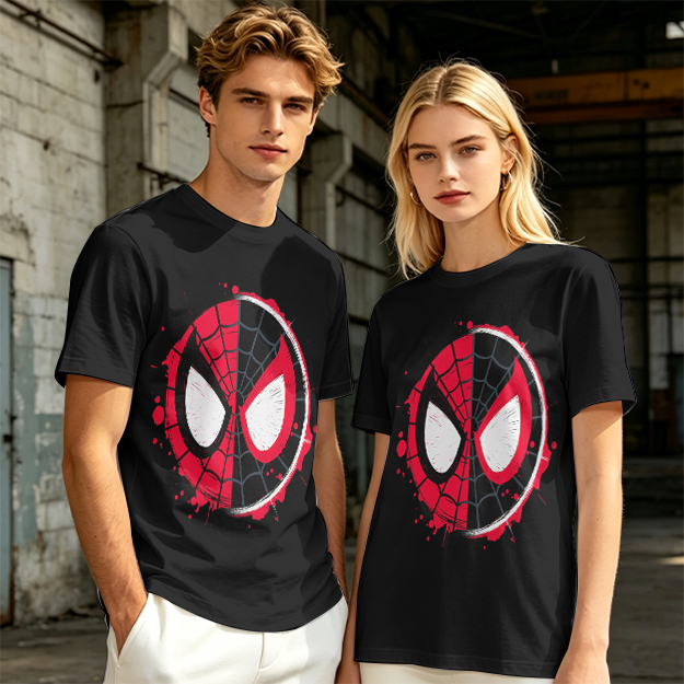 Olive T-Shirt with Split Spider-Man Mask Graphic